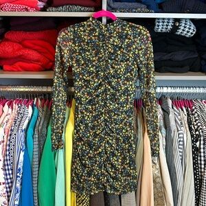 Glamorous black with multicolored flowers long sleeve ruched dress size 2